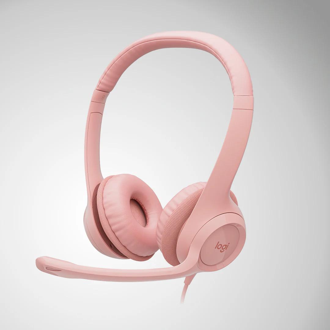 Pink headset with built-in microphone